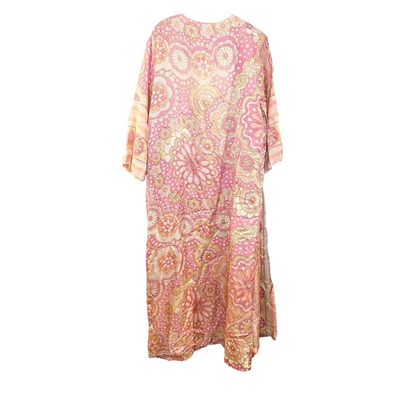 Vintage 60s 70s Kimono House Robe Dress Pink Orange MCM Floral Festival S/M - Picture 2 of 6